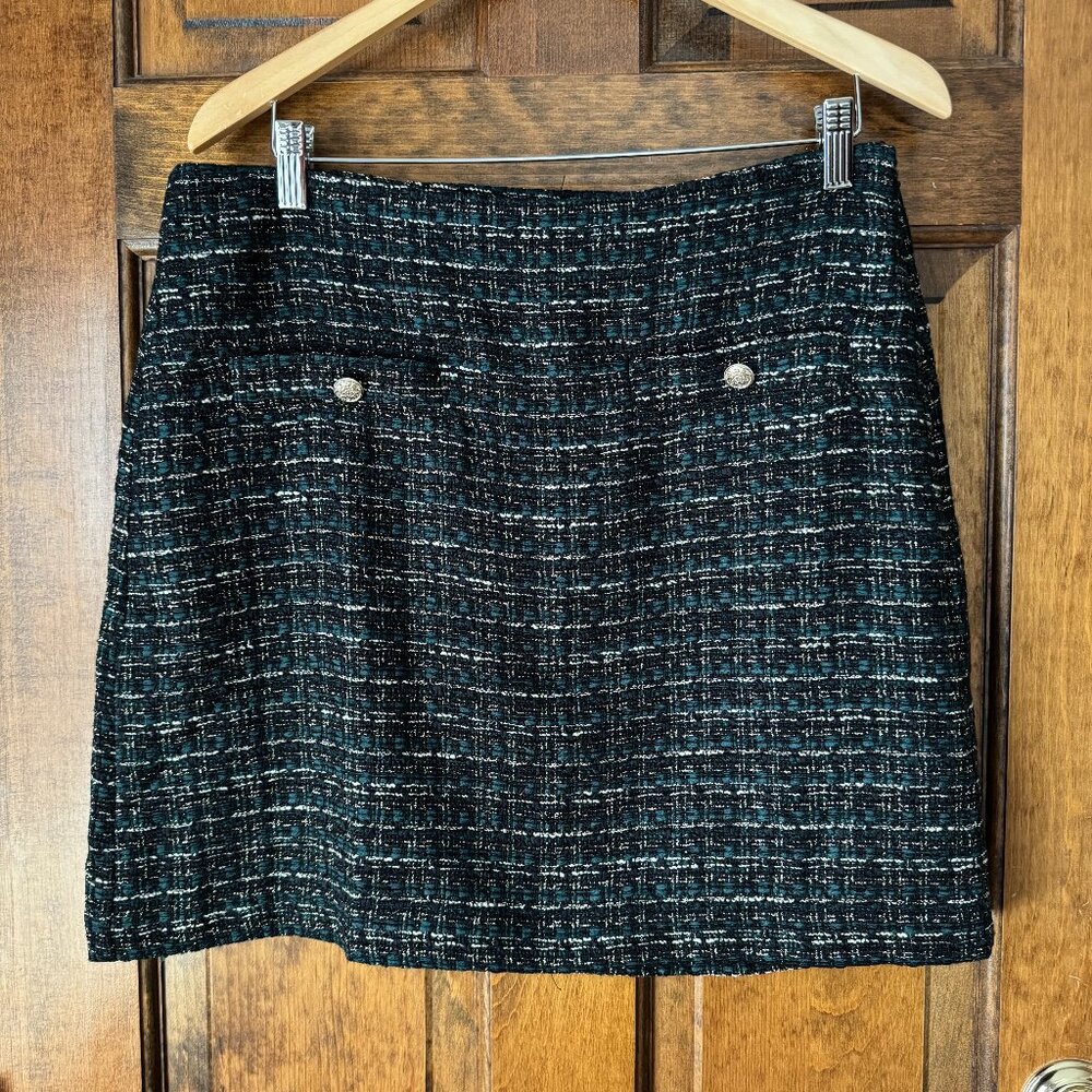 NWT LOFT Green/Black/White Plaid w/Gold Metallic Thread Mini Skirt Size 12